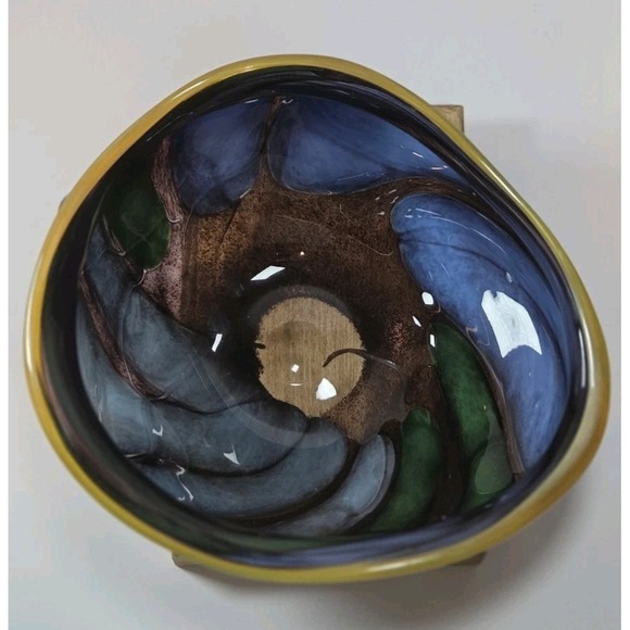 Vintage Murano Styled Hand-Blown Art Glass Abstract Bowl Green Blue Purple Swirl - Picture 1 of 12